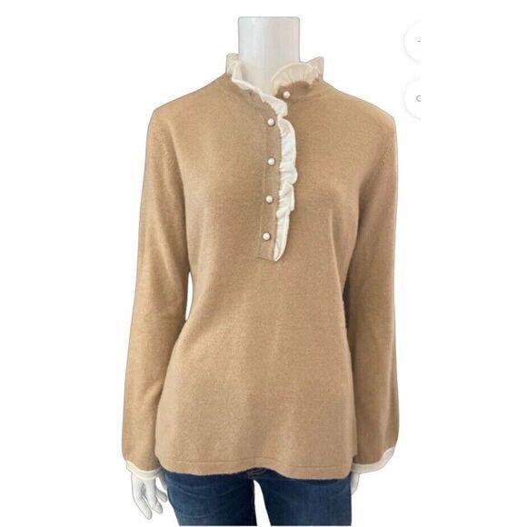 cortland Park Sweaters - Cortland Park Cashmere Sweater‎ Beige Ruffle Neck Pearl Buttons Sz M Coquette